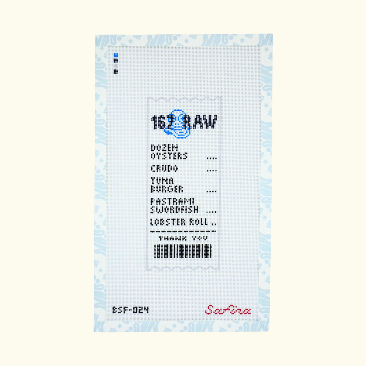 167 Raw restaurant charleston needlepoint canvas list menu items dozen oysters crudo tuna burger pastrami swordfish lobster roll