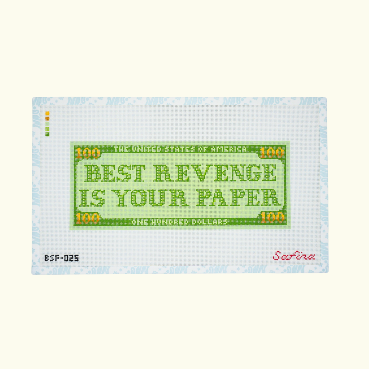 One hundred dollar bill with green best revenge is your paper text needlepoint canvas