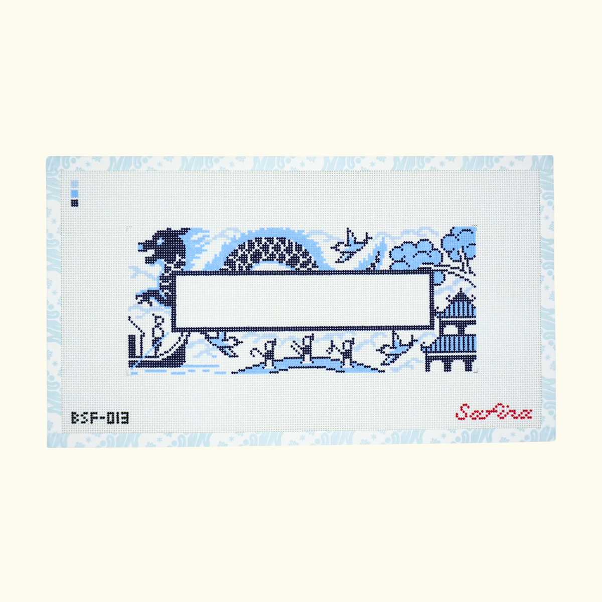 Blue willow chinoiserie asian traditional print needlepoint canvas featuring dragon, birds, willow tree, pagoda, boat, bridge, clouds