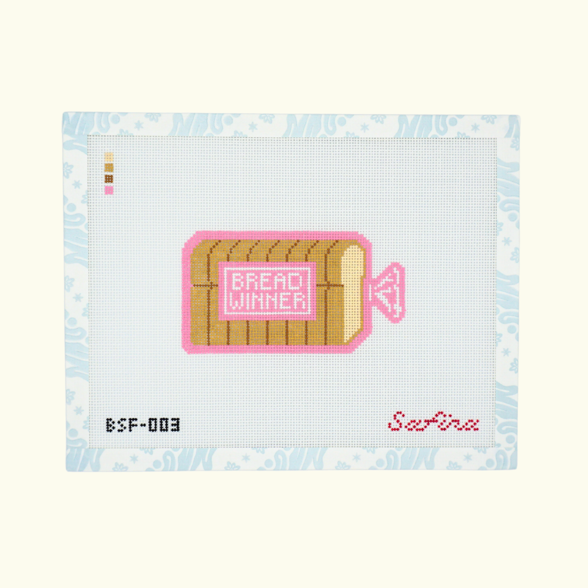 Loaf of bread in pink bread bag with 'Breadwinner' text needlepoint canvas design