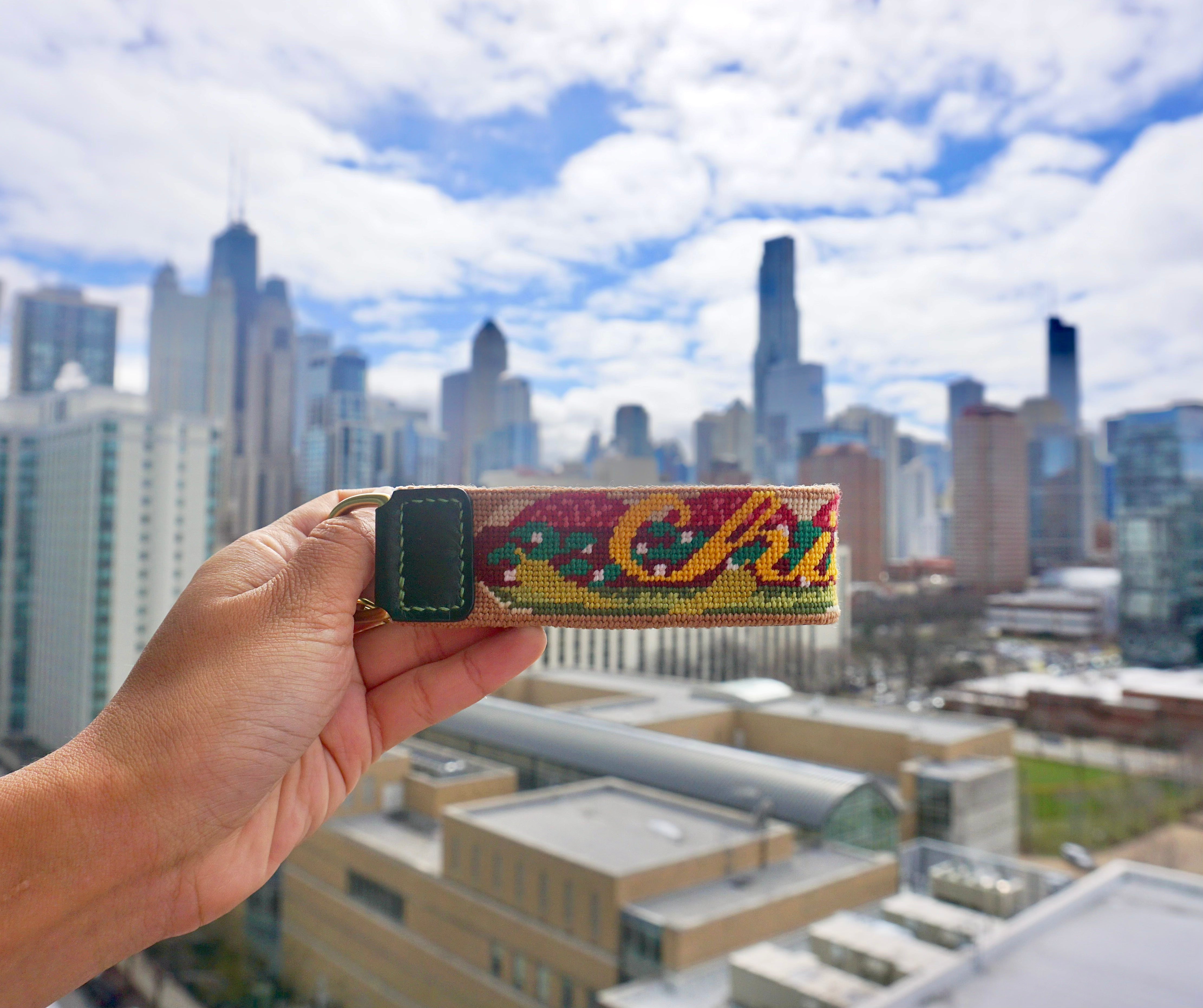 Hand holding a Chicago hot dog key fob with a colorful pattern against a city skyline