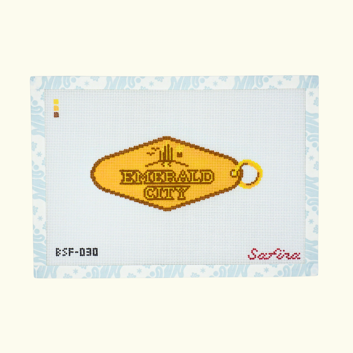 Gold hotel key tag with Emerald City text needlepoint canvas 