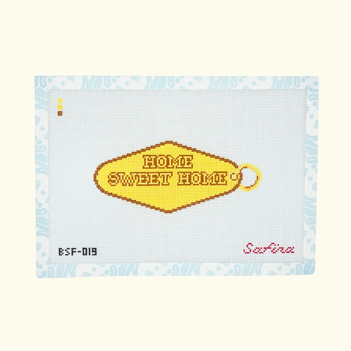 Gold hotel key tag with Home Sweet Home text needlepoint canvas 