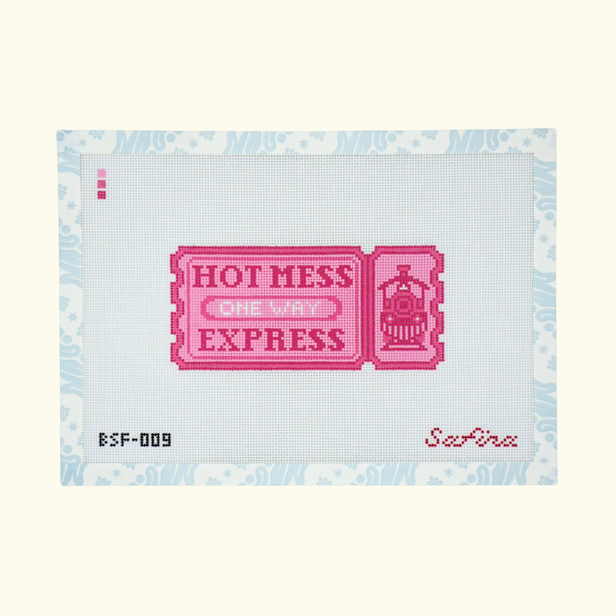 Pink hot mess express one way train ticket needlepoint canvas with train icon
