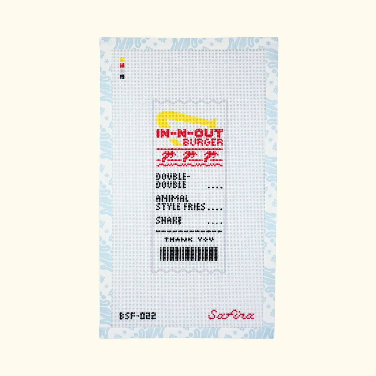In N Out receipt needlepoint canvas with list of menu items including double double, animal style fries, shake