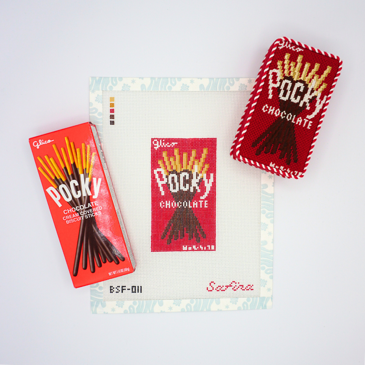 Pocky box chocolate biscuit asian snacks needlepoint canvas with finished ornament