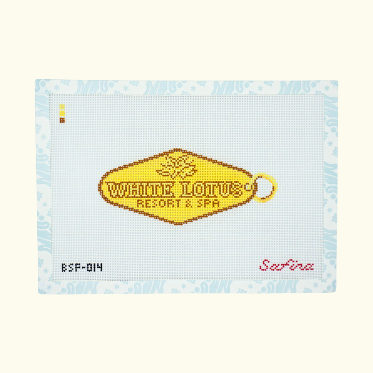 Gold White Lotus Resort & Spa key tag needlepoint canvas design